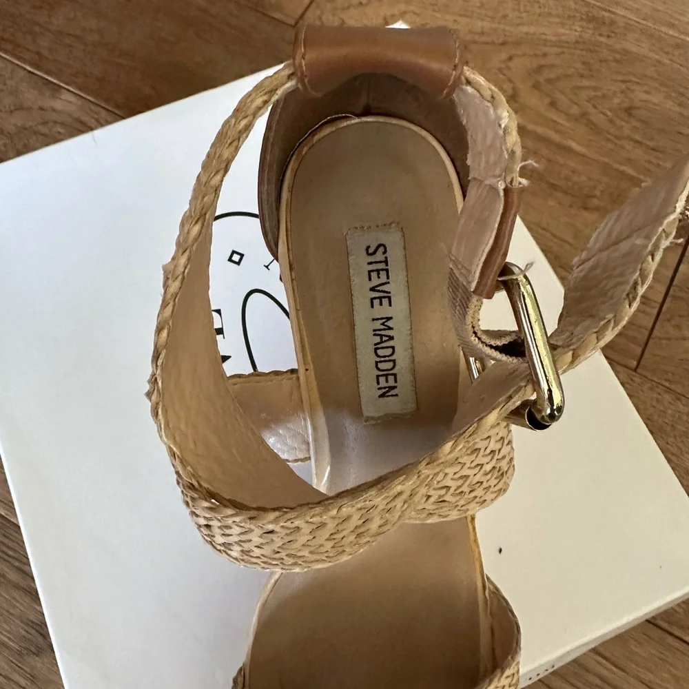 Steve Madden Tan Woven Cork Wedge Sandals 8.5 - Picture 2 of 4